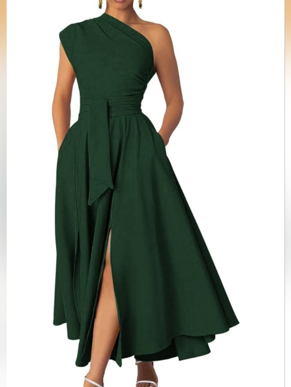 Elegant One-Shoulder Dark Green Maxi Dress with Waist Tie